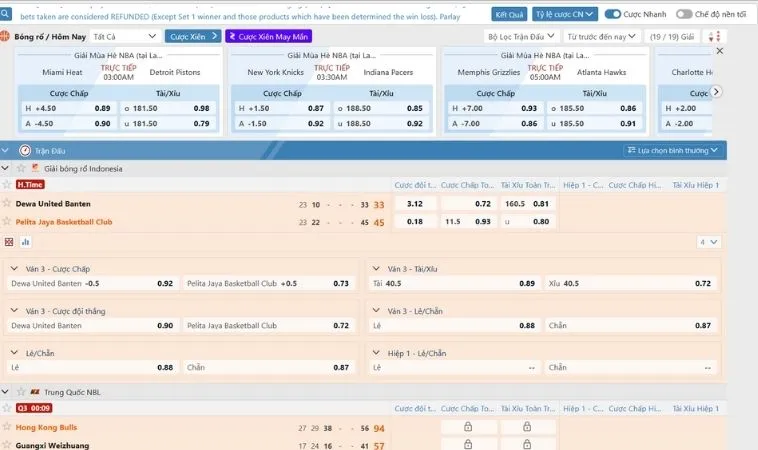 Các tỷ lệ kèo cá cược bóng rổ 2Bong88